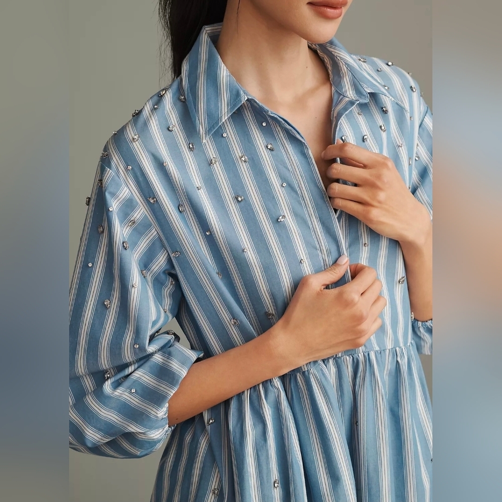 Anthropologie Maeve Bettina Embellished Striped Tiered Shirt Dress - Picture 6 of 7